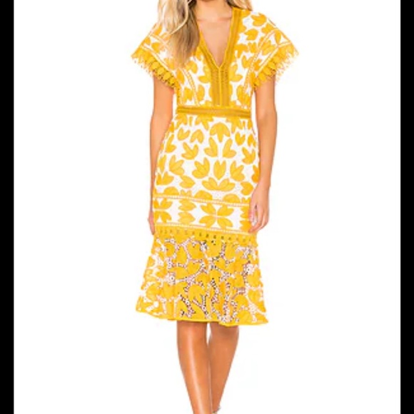 Saylor Revolve Kaiya Yellow White Crochet Lace Dress Midi Dress Large - Picture 8 of 16
